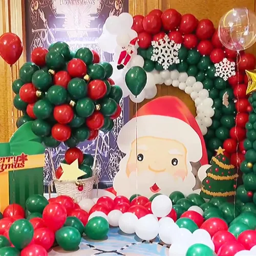 Miniatura 5 de 100 unidades de globos de Navidad rojos y verdes de 12 pulgadas, globos de látex rojos, verdes y blancos con 65 pies de cinta para decoraciones
