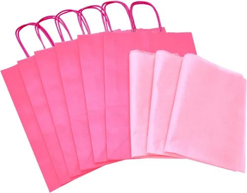 Miniatura 7 de DjinnGlory Paquete de 24 bolsas de regalo de papel rosa intenso de tamaño mediano con asas de 10 x 8 x 4 pulgadas y 24 papel de seda rosa para Rosa