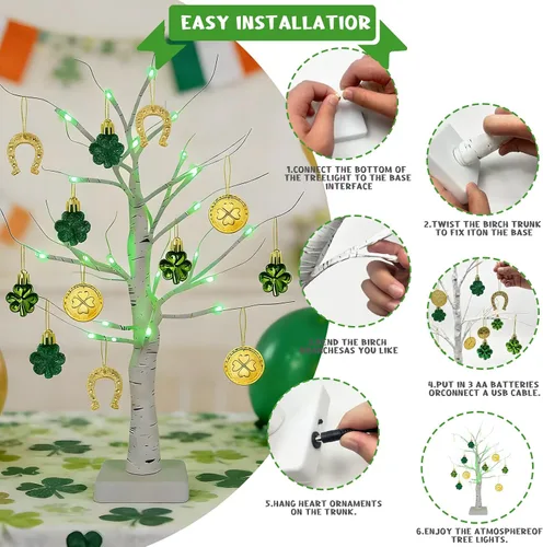 Miniatura 5 de Yquqwn Decoraciones del día de San Patricio, árbol de abedul iluminado con adornos de trébol, monedas de oro, 24 LED para el hogar, mesa, tienda