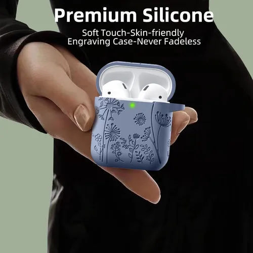 Miniatura 4 de Lerobo - Funda grabada con flores para estuche de AirPods, protector de silicona suave y elegante con llavero, compatible con estuche de carga
