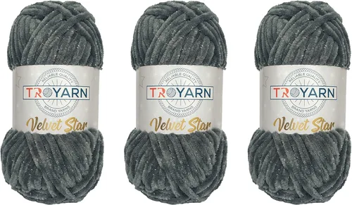 Miniatura 25 de Troyarn Velvet Star (Paquete de 3 Madejas) - Ovillo de felpilla con purpurina plateada para manta de bebé, hilo amigurumi, para ganchillo y tejer