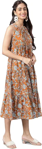 Miniatura 5 de Janasya Vestido escalonado con estampado floral digital de musgo marrón para mujer