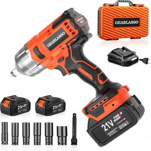 Llave de impacto inalámbrica 1500N.m, llave de impacto de alto par sin escobillas de 1/2 pulgada 21 V con 2 baterías de 4.0 Ah, 6 enchufes, cargador