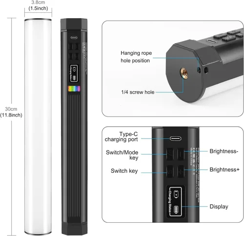 Miniatura 2 de OBEST Luz de video RGB portátil con batería de 3000 mAh, 2500-9000 K, regulable, para estudios fotográficos, TikTok, YouTube Vlogs, 11.8 in