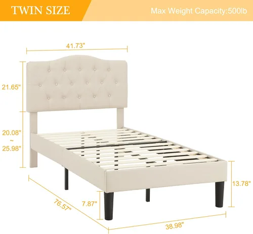 Miniatura 2 de VECELO Base de cama de plataforma de tamaño individual con cabecera tapizada de tela y soporte de listones de madera, no necesita somier/fácil