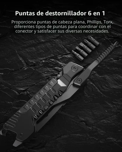 Miniatura 7 de Cuchillo multiuso 17 en 1 con varillas para iniciar fuego, abrebotellas, sierra, destornilladores, silbato, rompeventanas y más - Perfecto para Negro