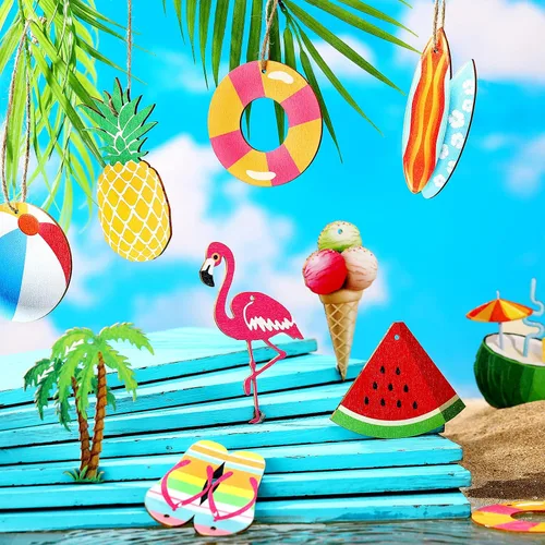 Miniatura 6 de Chunful 30 adornos de árbol de verano para Navidad en julio, decoración colgante de madera para playa, rebanadas de madera, adornos de árbol
