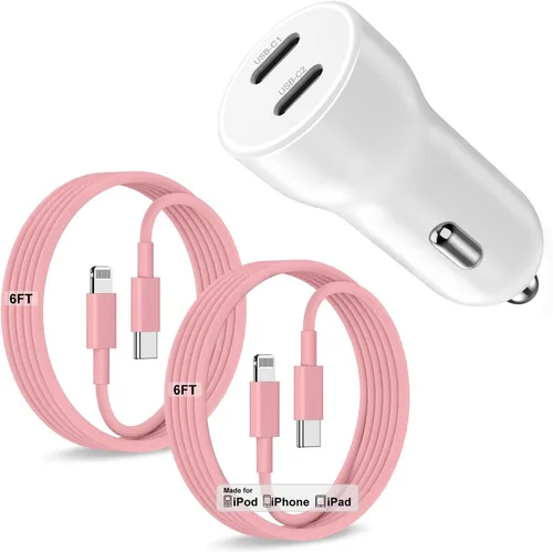 Miniatura 13 de Cargador de coche para iPhone 17 16 15 de carga rápida, cargador de coche USB C de doble puerto de 40 W con 2 cables USB C de 3 pies, adaptador