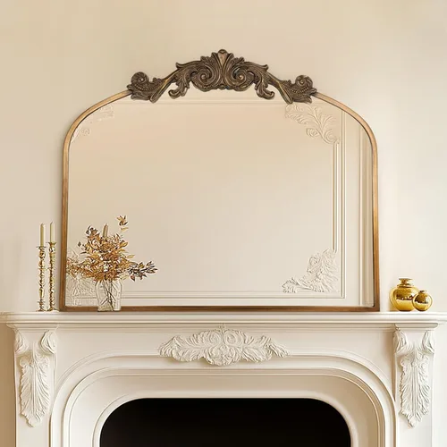 Miniatura 8 de USHOWER Gold Anthropologie - Espejo arqueado vintage de 36 x 30 pulgadas, espejo adornado barroco grande con marco de latón antiguo para chimenea