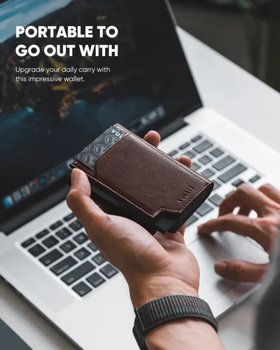 Miniatura 2 de VULKIT Tarjetero de crédito con bolsillo para monedas, cierre magnético, cartera para tarjetas emergente, bloqueo RFID, funda de piel minimalista