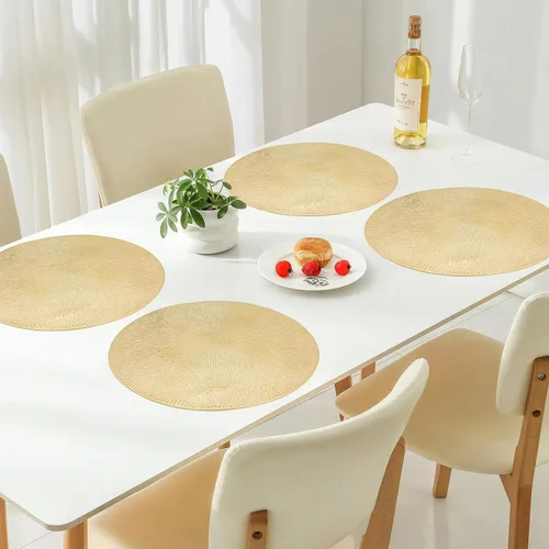 Miniatura 8 de Juego de 6 manteles individuales redondos dorados de vinilo metálico antideslizantes, manteles individuales para mesa de cocina, manteles