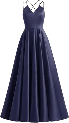 Molisa Vestidos de fiesta de satén con cuello en V para mujer, con tirantes delgados, vestidos formales de fiesta de noche con bolsillos