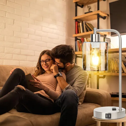 Miniatura 6 de Juego de 2 lámparas de mesa con control táctil industrial - Lámparas de mesita de noche en níquel cepillado con 2 puertos USB y enchufe de CA