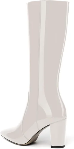 Miniatura 196 de AMBELIGHT Botas altas hasta la rodilla con cremallera y puntera puntiaguda para mujer, de patente sólida, tacón alto, 3.3 pulgadas