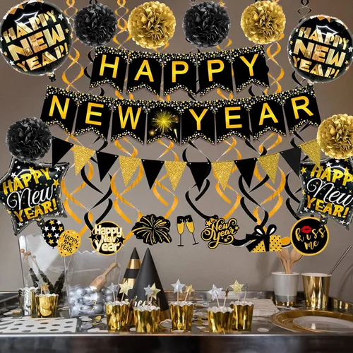 Miniatura 3 de Famoby Cartel de papel con texto en inglés «Happy New Year» con forma de triángulo, pompones y espirales para decoración de fiesta de Año Nuevo