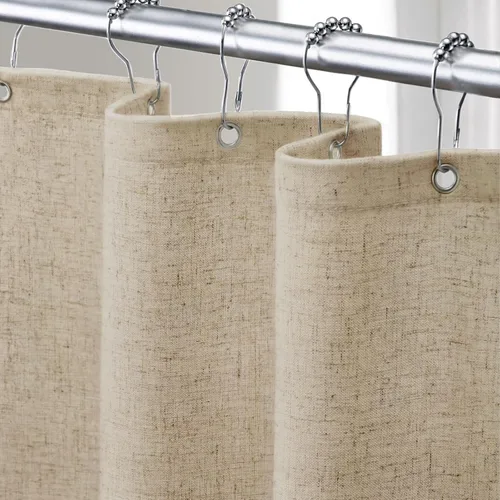 Miniatura 29 de Cortina de ducha de lino negro, cortinas de ducha de tela bohemia para baño, juego de forro de tela natural de algodón, 72 pulgadas de ancho x 72