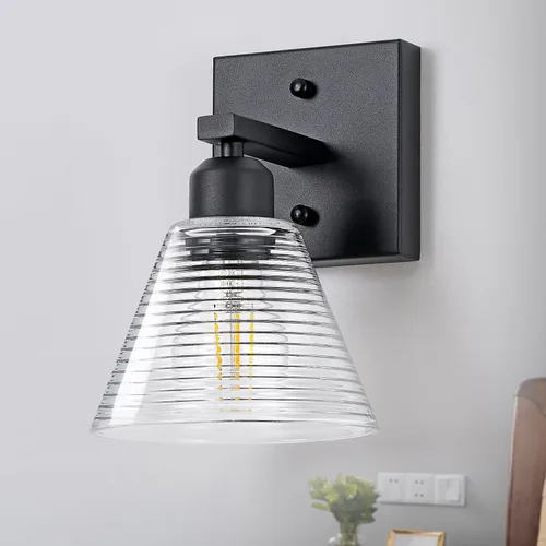 Dalouguan Lámpara de tocador de baño de 1 luz, accesorios de iluminación de baño modernos negros con pantalla de vidrio transparente, apliques de