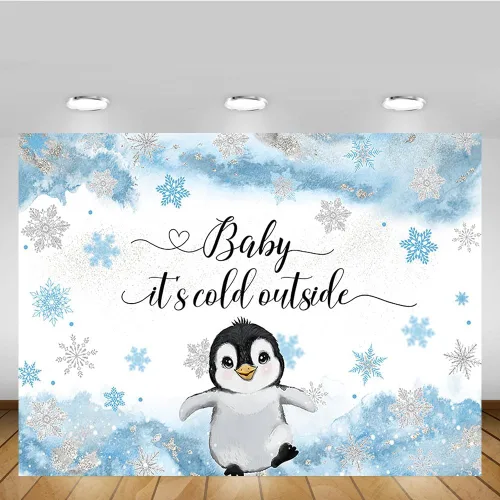 Miniatura 5 de MEHOFOND Telón de fondo de invierno para baby shower de pingüino de 7 x 5 pies para niños, bebé hace frío afuera, fondo de acuarela azul, animales