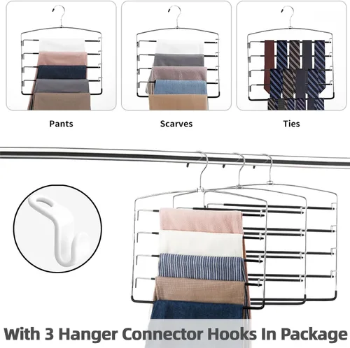 Miniatura 6 de FeeraHozer Perchas antideslizantes para pantalones, paquete de 3 perchas para ahorrar espacio, múltiples capas con brazo oscilante, colgador