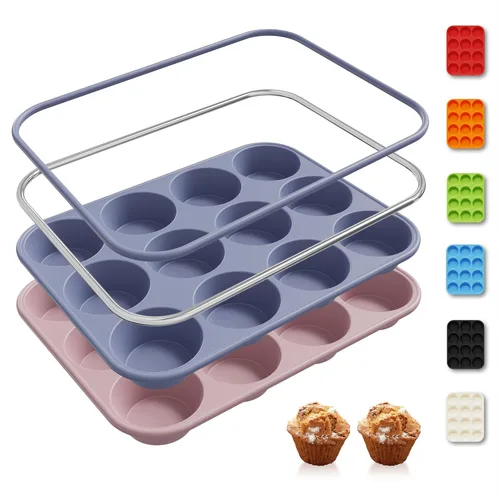 Miniatura 10 de 2 Pack 6 Tazas Molde de Silicona Mini para Magdalenas con Marco Reforzado de Metal Moldes de Silicona para Cupcakes y Pasteles Bandejas para Hornear