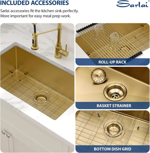 Miniatura 6 de Sarlai Gold Fregadero de Cocina Empotrado - Fregadero de Cocina de 28 Pulgadas Empotrado de Acero Inoxidable Dorado Tazón Individual de 28" x 19
