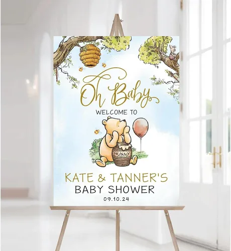 Miniatura 10 de Letrero de bienvenida personalizado de Pooh, cartel de bienvenida al baby shower, baby shower de oso Pooh, revelación de género, decoraciones