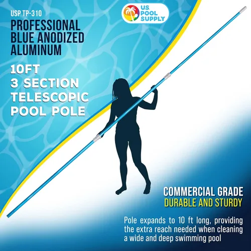 Miniatura 2 de U.S. Pool Supply Poste telescópico de piscina de 10 pies – Red de aluminio para piscina, rastrillo, cepillo, mango de cabeza al vacío, adjunta
