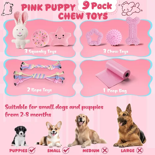 Miniatura 6 de Paquete de 9 juguetes de color rosa para cachorros para dentición, interactivos para mantenerlos ocupados, lindo juguete de goma suave para perros