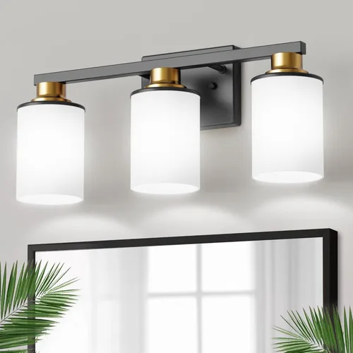 Miniatura 22 de DORESshop Lámparas de baño, 3 luces negras y doradas para baño sobre espejo con pantalla de vidrio transparente, luces de tocador para baño, Negro