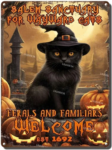 Miniatura 8 de Letrero decorativo de metal Salem Sanctuary for Wayward Cats Cat Halloween para bares, restaurantes, bares, hoteles, zoológicos, cafeterías, 8.00 x
