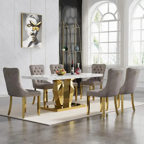 Miniatura 45 de Moderno juego de mesa de comedor de mármol sintético de 68.11 pulgadas para 6, mesa de comedor de mármol blanco y plateado con 6 sillas de Blanco