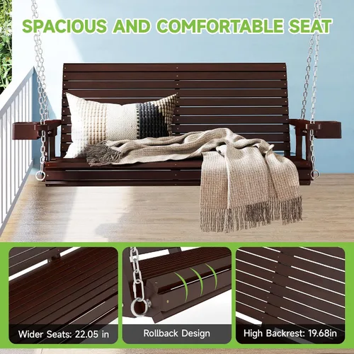 Miniatura 3 de Real Relax - Columpio de madera para el porche delantero, silla colgante de patio al aire libre de 2 plazas con portavasos, banco de asiento