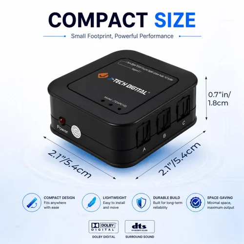 Miniatura 4 de J-Tech Digital Divisor de audio óptico 1x3, 1 en 3 salidas Toslink SPDIF Divisor de audio digital para TV, barra de sonido, cine en casa, audio