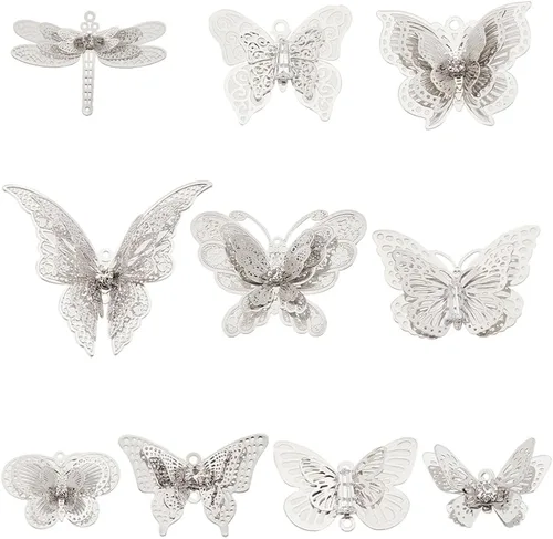 Miniatura 9 de SUNNYCLUE 1 caja de 10 dijes de filigrana de mariposa de 1.339 x 1.024 in, 3 capas de diamantes de imitación de filigrana hueca para manualidades