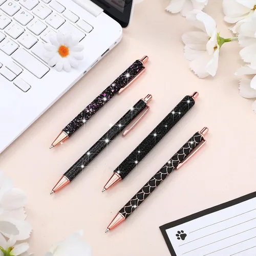 Miniatura 5 de Ireer 4 bolígrafos brillantes de diamantes de imitación para mujer, bolígrafo de tinta de metal con purpurina de cristal con 4 recambios de 0.039