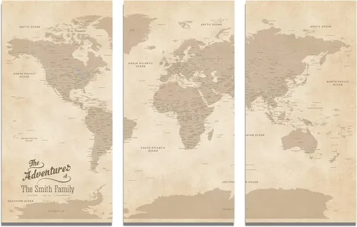 Miniatura 19 de 3 paneles - Mapa de viaje colorido del mundo con alfileres en lienzo envuelto en galería, mapa de pared grande