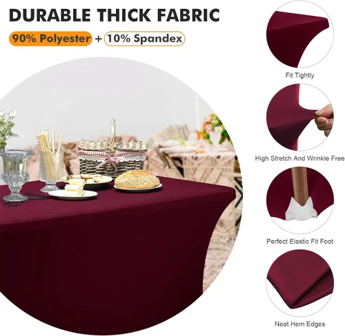 Miniatura 3 de SEPARO Paquete de 2 Cubiertas de Mesa de Spandex de 6 Pies Color Borgoña Mantel Rectangular Ajustado Tela Elástica Mantel de 6 pies Sin Arrugas