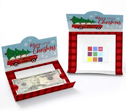 Big Dot of Happiness Merry Little Christmas Tree – Juego de 8 portatarjetas de regalo y dinero para fiestas de Navidad para camión rojo y coche