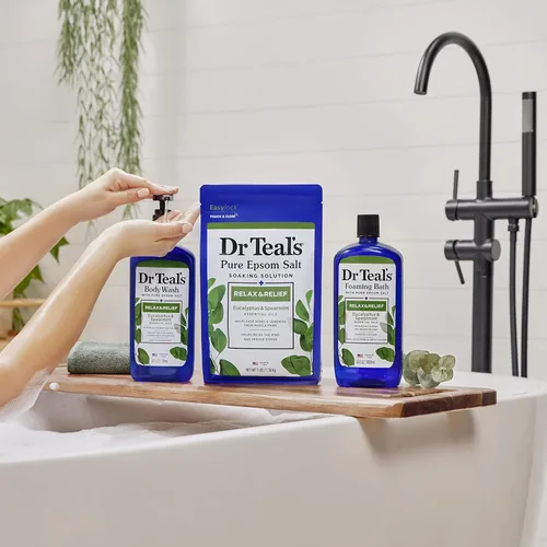 Miniatura 6 de Dr Teal's Baño espumoso con sal pura de Epsom, relajación y alivio con eucalipto y menta verde, 34 onzas líquidas (paquete de 4)