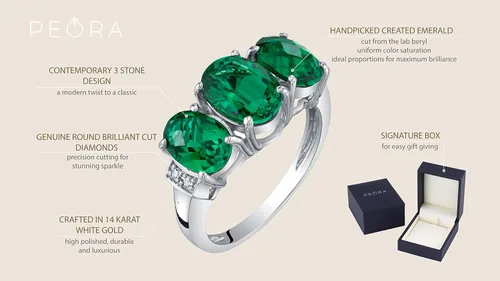 Miniatura 4 de Peora Anillo trino de tres piedras de oro blanco macizo de 14 quilates y piedras preciosas auténticas o creadas para mujer, tallas 5 a 9, Metal