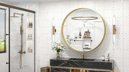 Miniatura 2 de TokeShimi Espejo redondo de baño de 40 pulgadas dorado para pared con marco de metal mate cepillado de aleación de aluminio antioxidable para Oro