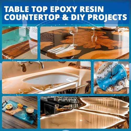 Miniatura 5 de Kit de resina epoxi para mesa - 1 galón KHKD RESIN resina epoxi transparente antiamarilla, autonivelante, no tóxica para encimeras, superficies