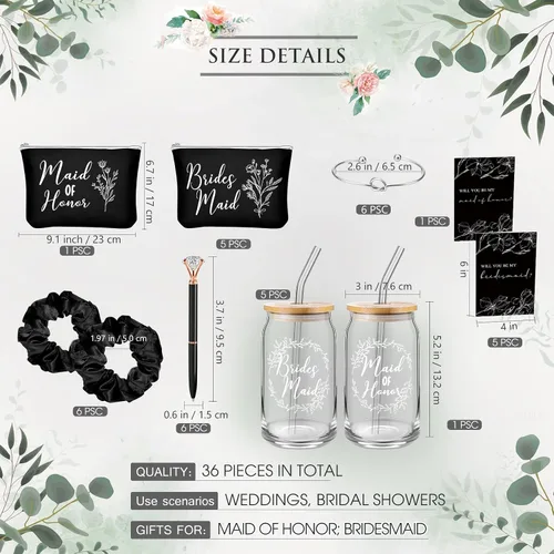 Miniatura 2 de Irenare Juego de 6 regalos de propuesta de dama de honor, 36 piezas, Will You Be My Bridesmaid de 16 onzas, tazas de vidrio para novias, bolsas