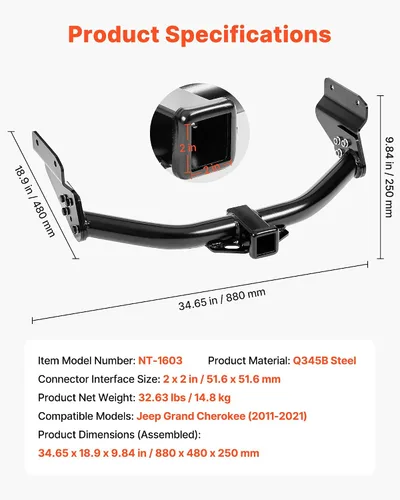Miniatura 7 de VEVOR Enganche de remolque clase 3, receptor de 2 pulgadas, compatible con Jeep Grand Cherokee 2011-2021, marco de tubo de acero Q345B, enganche