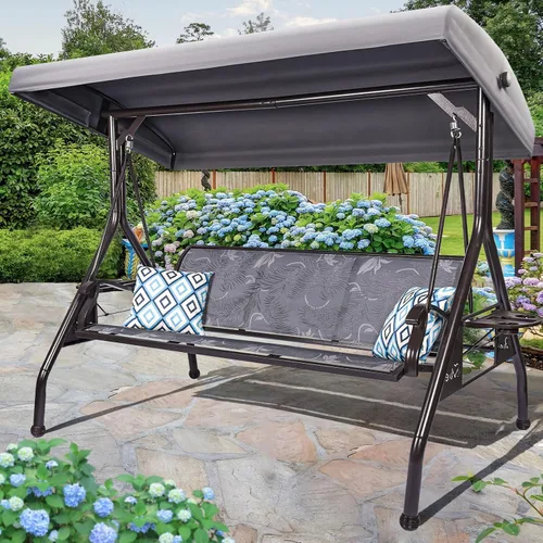 ZZW Columpio de Patio para 3 Personas Columpio Exterior para Adultos con Toldo Ajustable y Portavasos Mejorados Tela Textilene Silla Columpio de Gris