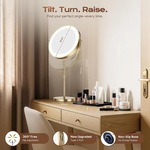 Miniatura 6 de Espejo de maquillaje con luces, 1x/20x 360°, espejo de maquillaje iluminado ajustable con brillo, espejo de maquillaje con aumento, espejo
