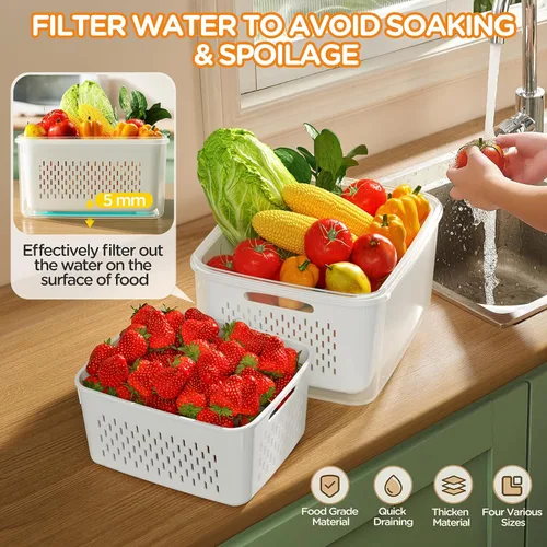Miniatura 3 de Paquete de 5 recipientes de almacenamiento de frutas para refrigerador con coladores extraíbles, 4 en 1 contenedores de almacenamiento de productos