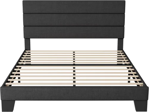 Miniatura 8 de Allewie Base de cama de plataforma tamaño Queen con cabecera tapizada de tela y soporte de listones de madera, base de colchón totalmente tapizada