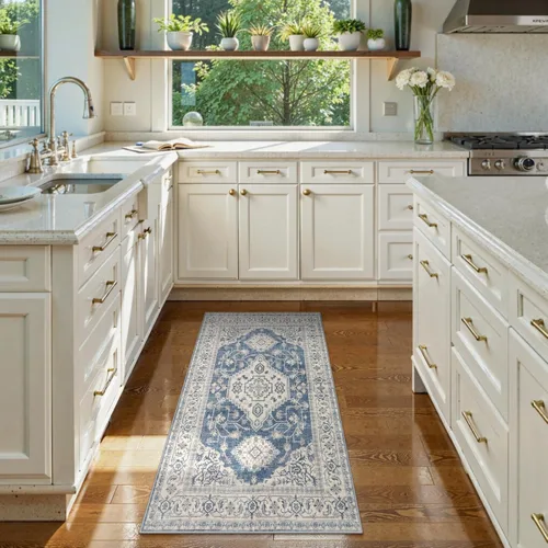 Miniatura 3 de Lahome Alfombra oriental lavable de área pequeña, 2 x 3 pies, para entrada, cocina, ultra fina, suave, tapete antideslizante para puerta de Azul