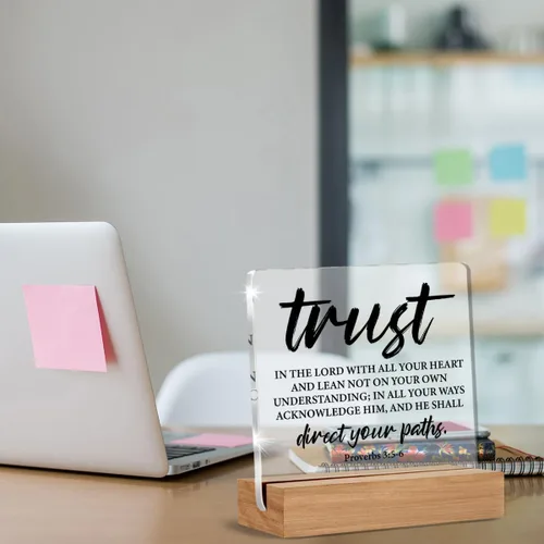 Miniatura 3 de Regalos de versículo bíblico cristiano para mujeres y hombres, letrero acrílico con frase de Proverbios Trust in The Lord Scripture con soporte